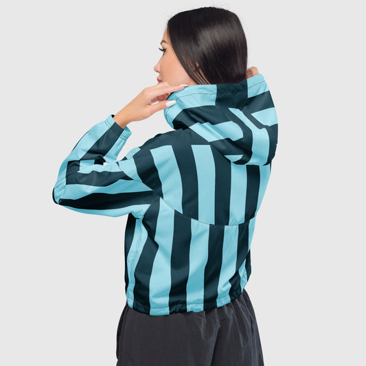 Women’s cropped windbreaker, Sky blue and dark green windbreaker, Multi - color windbreaker, Stripped pattern windbreaker, Windbreaker with packets, Black zip, Windbreaker with hoodie, Street dress - PratSN