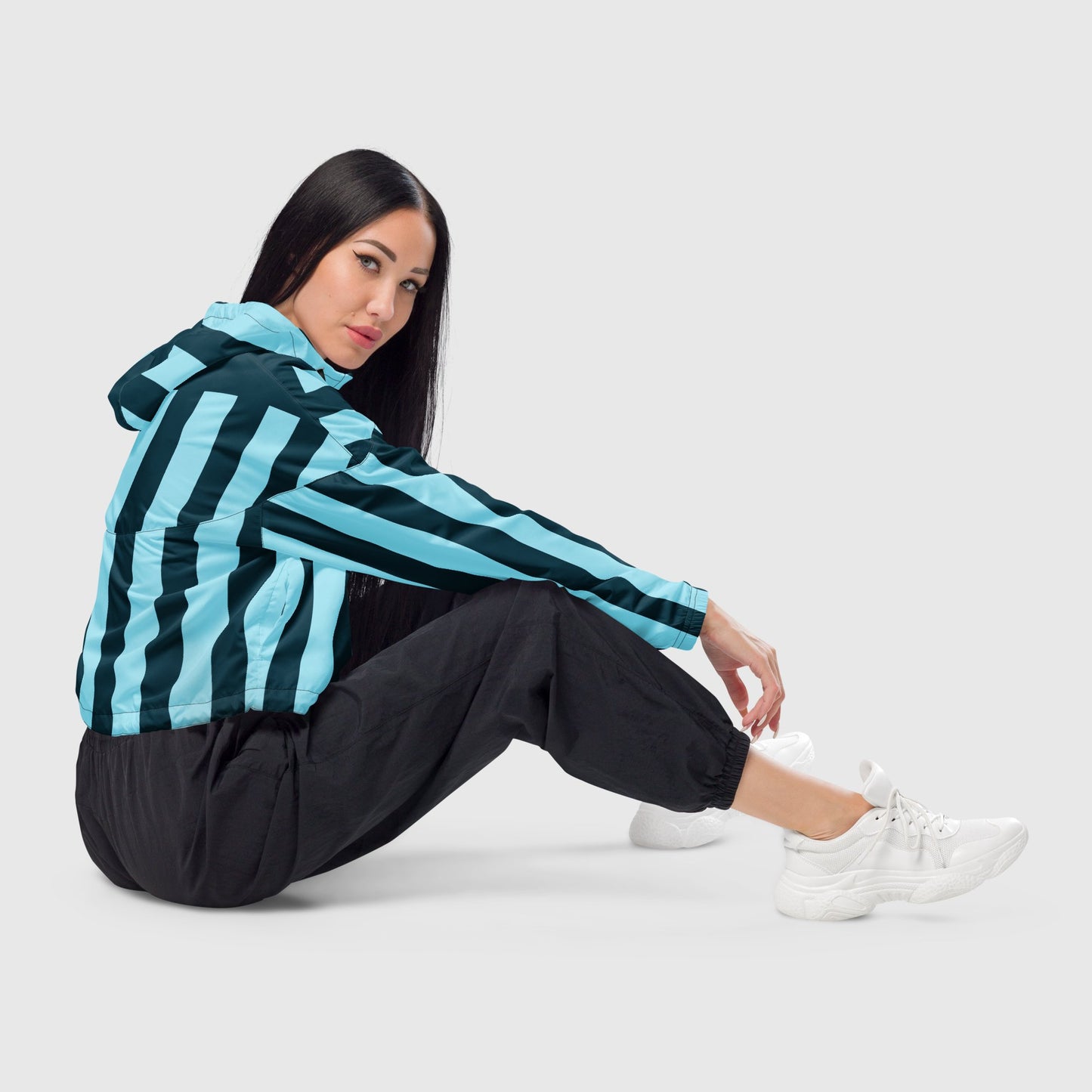 Women’s cropped windbreaker, Sky blue and dark green windbreaker, Multi - color windbreaker, Stripped pattern windbreaker, Windbreaker with packets, Black zip, Windbreaker with hoodie, Street dress - PratSN