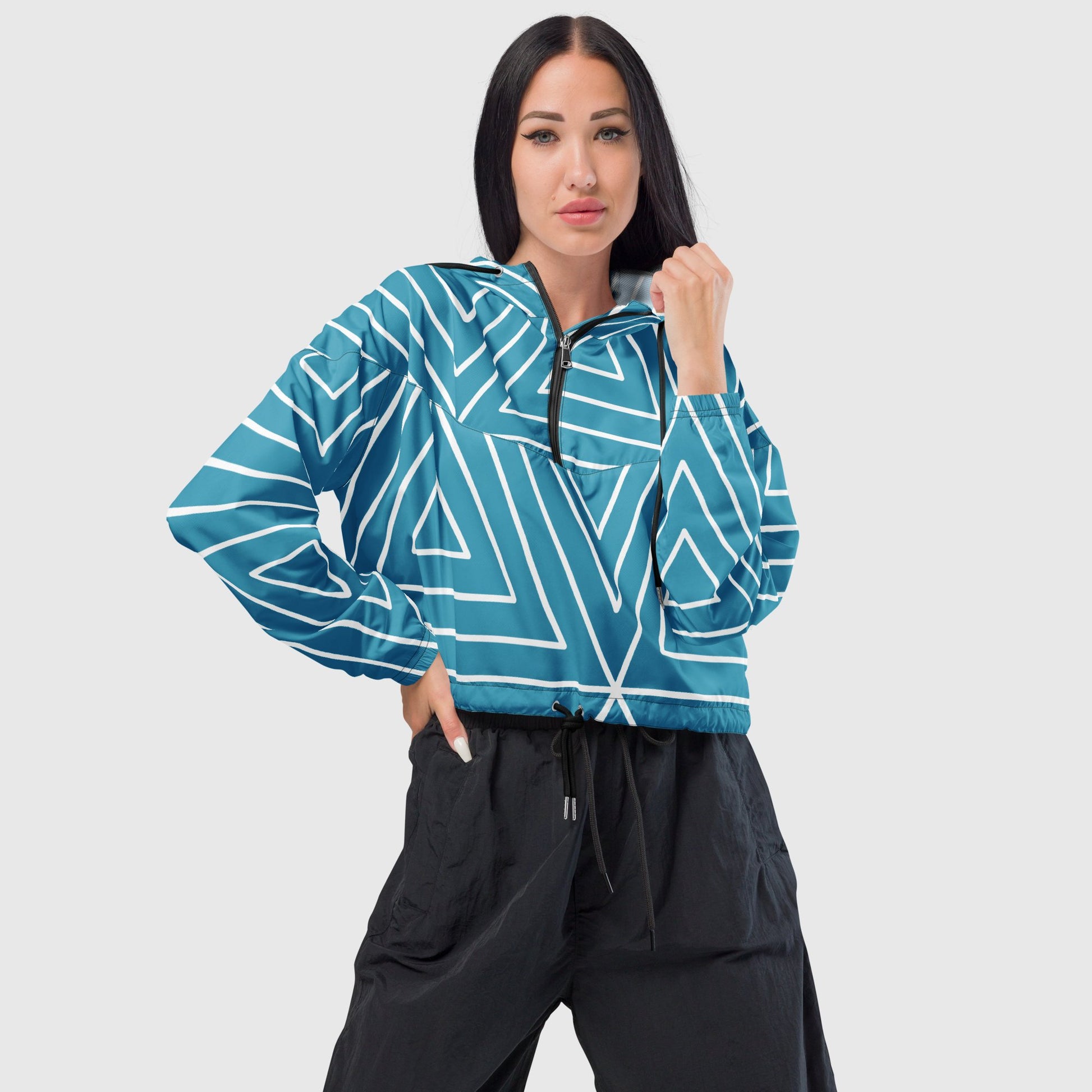 Women’s cropped windbreaker, Sky blue and white color windbreaker, Geometric pattern windbreaker, Windbreaker with packets, Windbreaker with hoodie, Street dress - PratSN
