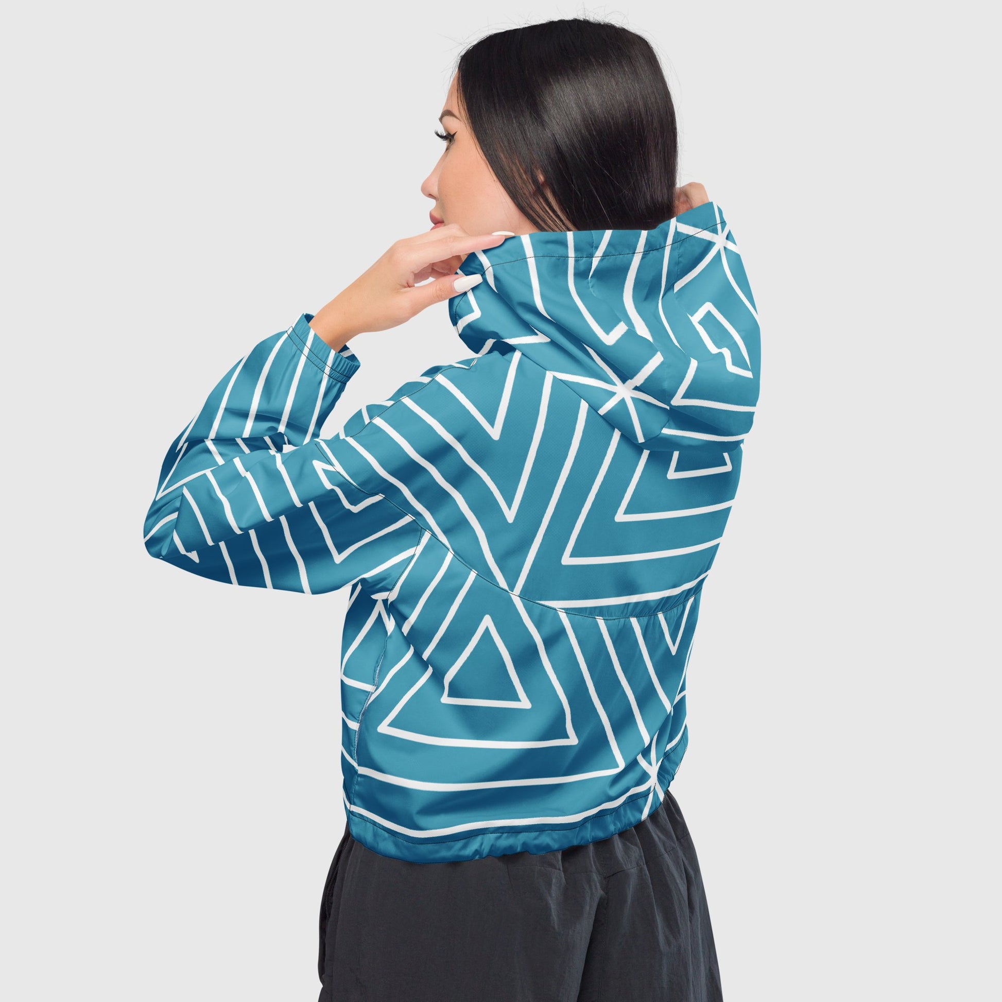 Women’s cropped windbreaker, Sky blue and white color windbreaker, Geometric pattern windbreaker, Windbreaker with packets, Windbreaker with hoodie, Street dress - PratSN