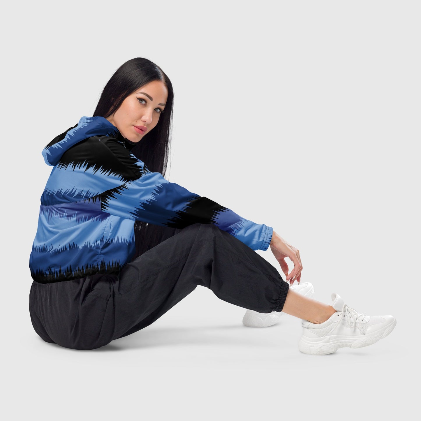 Women’s cropped windbreaker, Sky blue - Black - Blue windbreaker, Multi - color windbreaker, Abstract windbreaker, Windbreaker with packets, Black zip, Windbreaker with hoodie, Street dress - PratSN