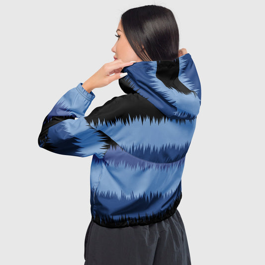 Women’s cropped windbreaker, Sky blue - Black - Blue windbreaker, Multi - color windbreaker, Abstract windbreaker, Windbreaker with packets, Black zip, Windbreaker with hoodie, Street dress - PratSN