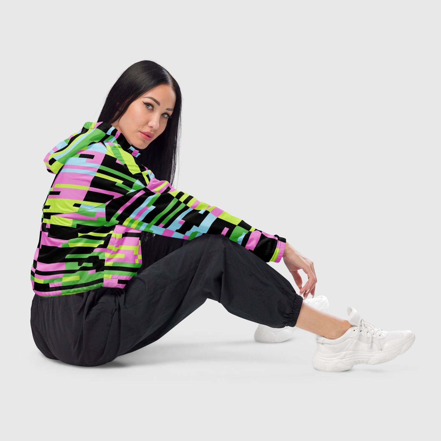 Women’s cropped windbreaker, Sky blue - Yellow - Black - Pink windbreaker, Multi - color windbreaker, Abstract windbreaker, Windbreaker with packets, Black zip, Windbreaker with hoodie, Street dress - PratSN