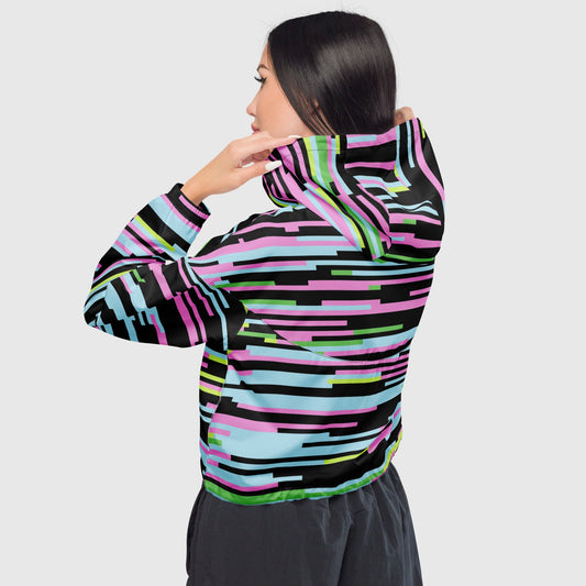Women’s cropped windbreaker, Sky blue - Yellow - Black - Pink windbreaker, Multi - color windbreaker, Abstract windbreaker, Windbreaker with packets, Black zip, Windbreaker with hoodie, Street dress - PratSN