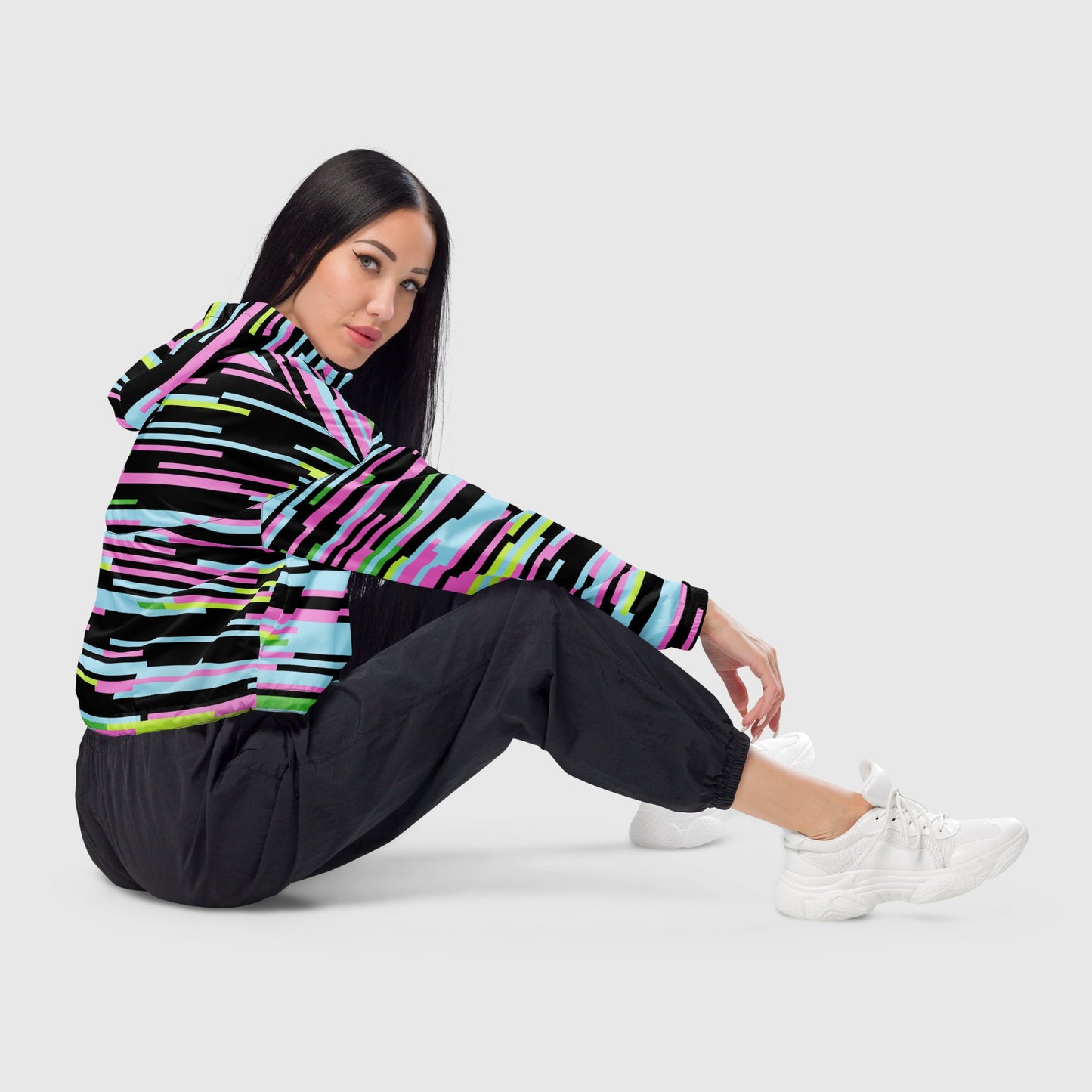 Women’s cropped windbreaker, Sky blue - Yellow - Black - Pink windbreaker, Multi - color windbreaker, Abstract windbreaker, Windbreaker with packets, Black zip, Windbreaker with hoodie, Street dress - PratSN