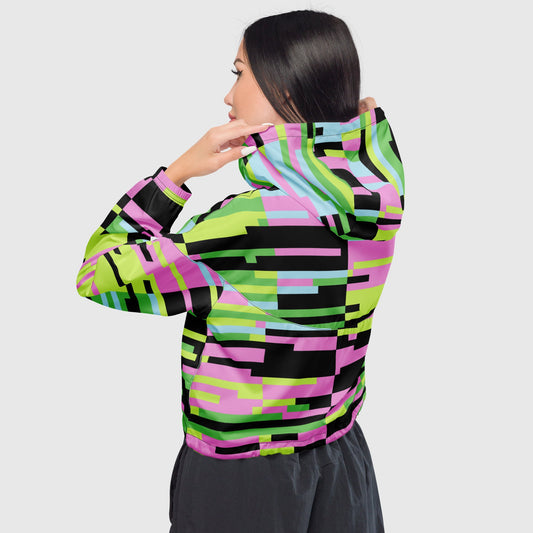 Women’s cropped windbreaker, Sky blue - Yellow - Black - Pink windbreaker, Multi - color windbreaker, Abstract windbreaker, Windbreaker with packets, Black zip, Windbreaker with hoodie, Street dress - PratSN