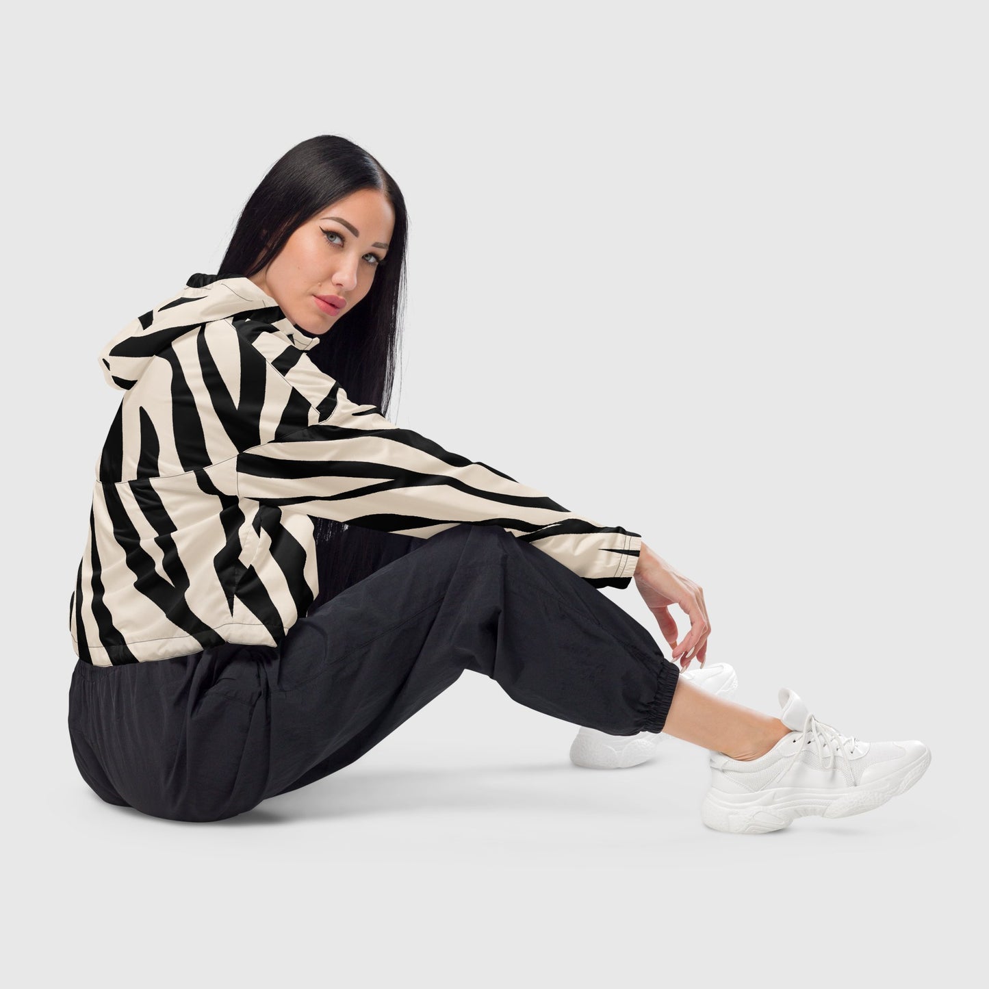 Women’s cropped windbreaker, White and black windbreaker, Stripped pattern windbreaker, Windbreaker with packets, Black zip, Windbreaker with hoodie, Street dress - PratSN