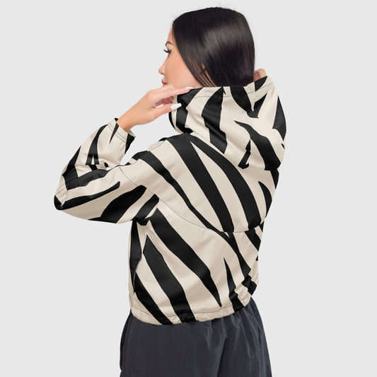 Women’s cropped windbreaker, White and black windbreaker, Stripped pattern windbreaker, Windbreaker with packets, Black zip, Windbreaker with hoodie, Street dress - PratSN