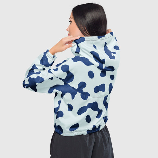 Women’s cropped windbreaker, White and Blue windbreaker, Abstract pattern windbreaker, Windbreaker with packets, Black zip, Windbreaker with hoodie, Street dress - PratSN
