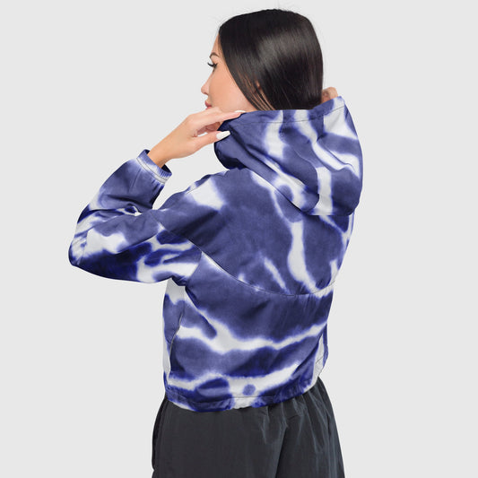 Women’s cropped windbreaker, White and Blue windbreaker, Abstract windbreaker, Windbreaker with packets, Black zip, Windbreaker with hoodie, Street dress - PratSN