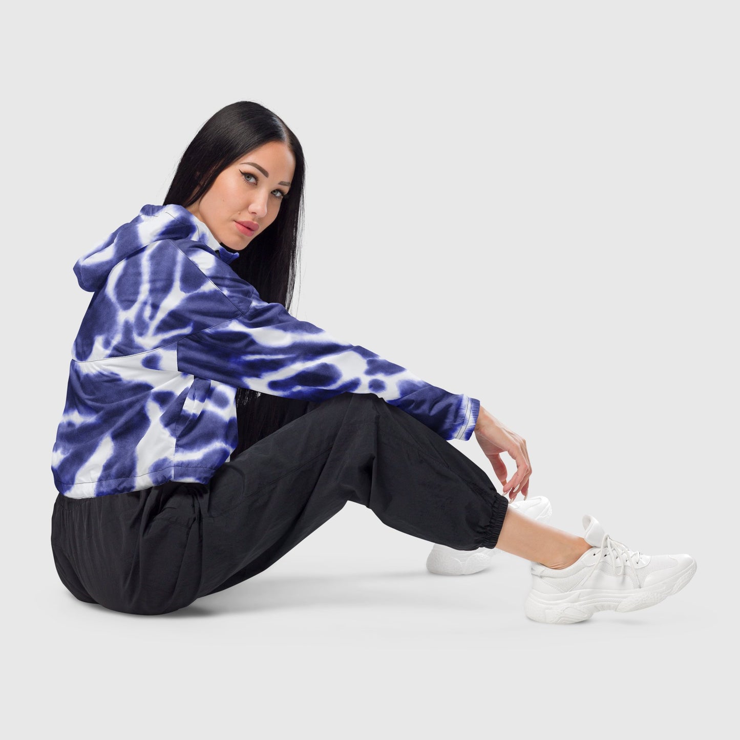 Women’s cropped windbreaker, White and Blue windbreaker, Abstract windbreaker, Windbreaker with packets, Black zip, Windbreaker with hoodie, Street dress - PratSN