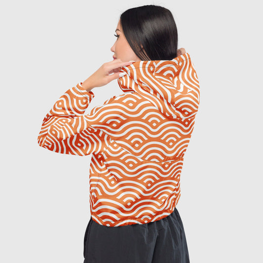 Women’s cropped windbreaker, White and orange windbreaker, Multi - color windbreaker, Geometric pattern windbreaker, Windbreaker with packets, Black zip, Windbreaker with hoodie, Street dress - PratSN