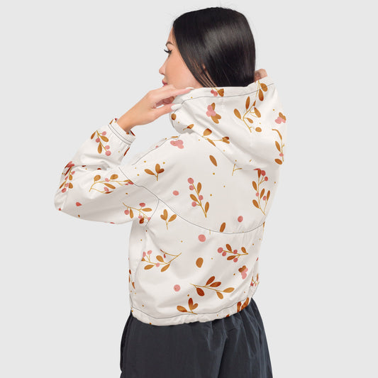 Women’s cropped windbreaker, White and pink windbreaker, Blooming pattern windbreaker, Windbreaker with packets, Black zip, Windbreaker with hoodie, Street dress - PratSN