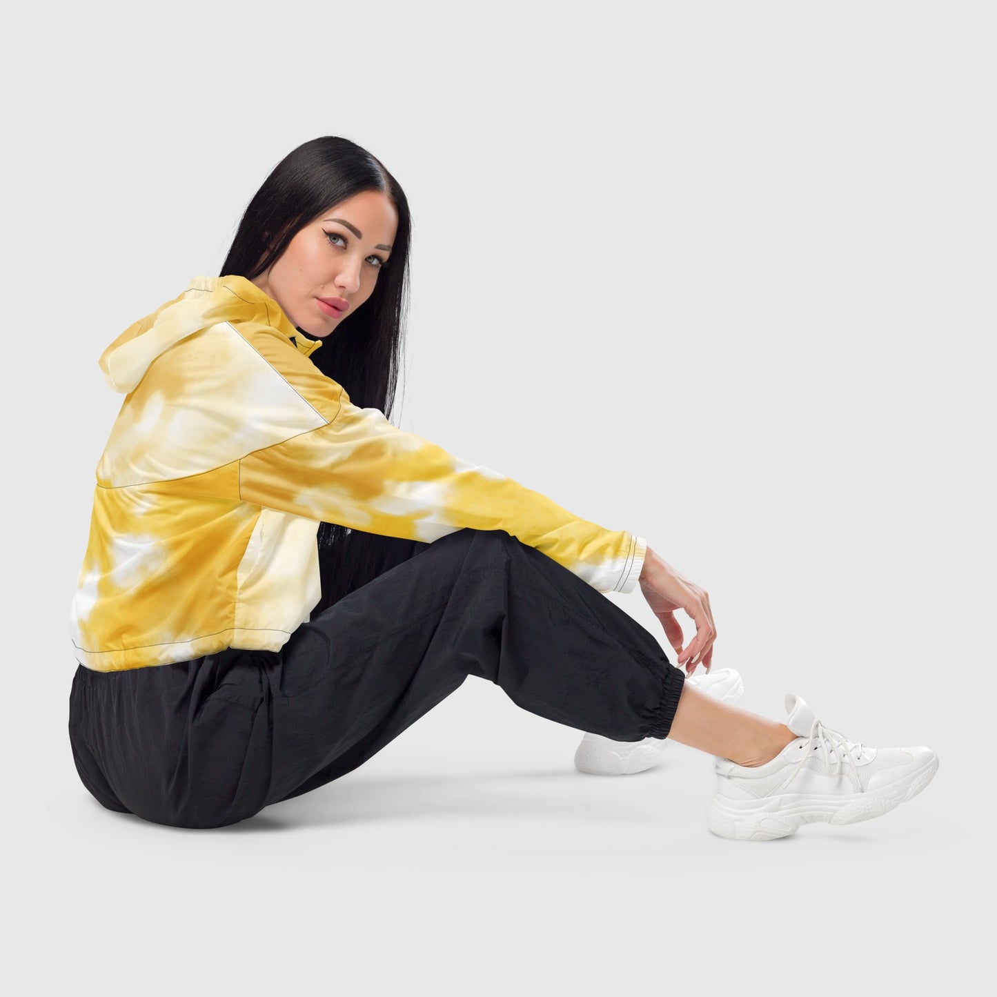Women’s cropped windbreaker, White and yellow windbreaker, Abstract pattern windbreaker, Windbreaker with packets, Black zip, Windbreaker with hoodie, Street dress - PratSN