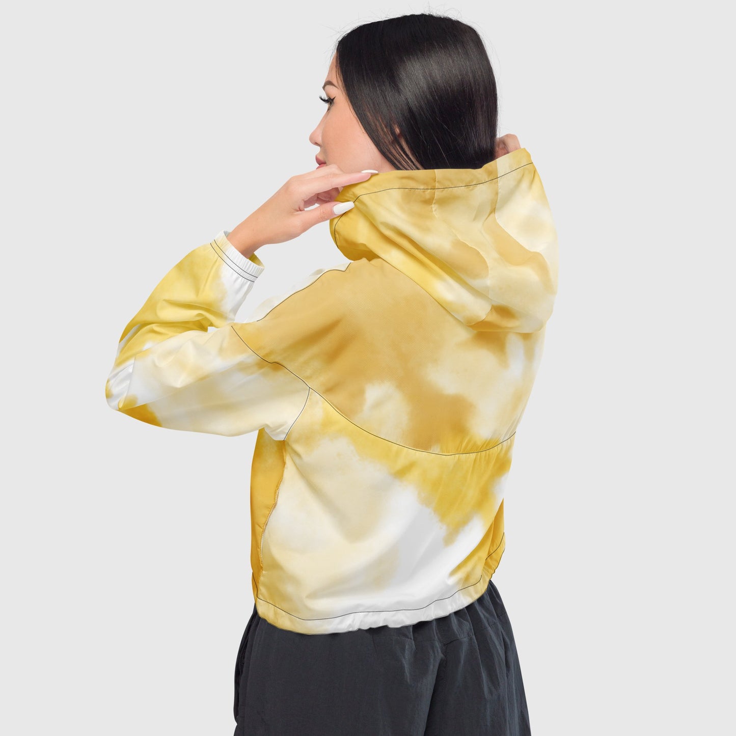 Women’s cropped windbreaker, White and yellow windbreaker, Abstract pattern windbreaker, Windbreaker with packets, Black zip, Windbreaker with hoodie, Street dress - PratSN