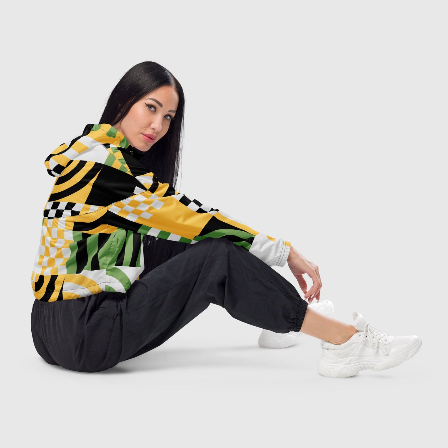 Women’s cropped windbreaker, White - Black - Orange - green windbreaker, Multi - color windbreaker, Abstract windbreaker, Windbreaker with packets, Black zip, Windbreaker with hoodie, Street dress - PratSN