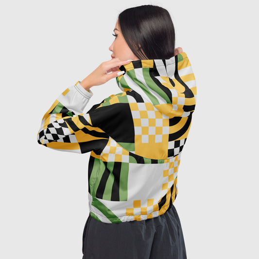 Women’s cropped windbreaker, White - Black - Orange - green windbreaker, Multi - color windbreaker, Abstract windbreaker, Windbreaker with packets, Black zip, Windbreaker with hoodie, Street dress - PratSN