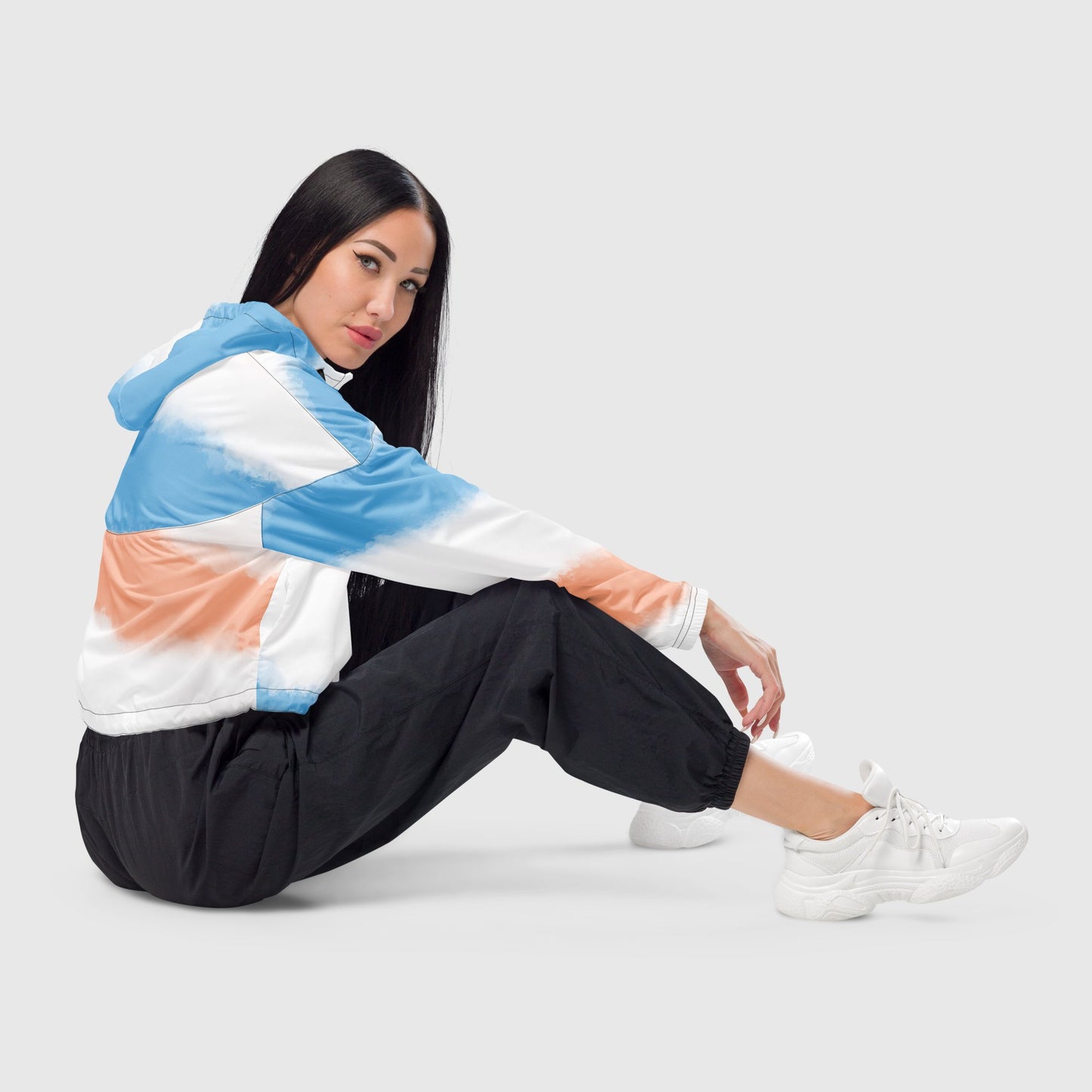 Women’s cropped windbreaker, White, blue and brownish red color windbreaker, Mosaic pattern windbreaker, Geometric pattern windbreaker, Windbreaker with packets, Black zip, Windbreaker with hoodie, Street dress - PratSN