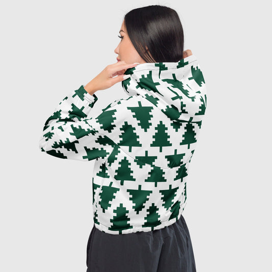 Women’s cropped windbreaker, White - green color windbreaker, Geometric pattern windbreaker, Windbreaker with packets, Black zip, Windbreaker with hoodie, Street dress - PratSN