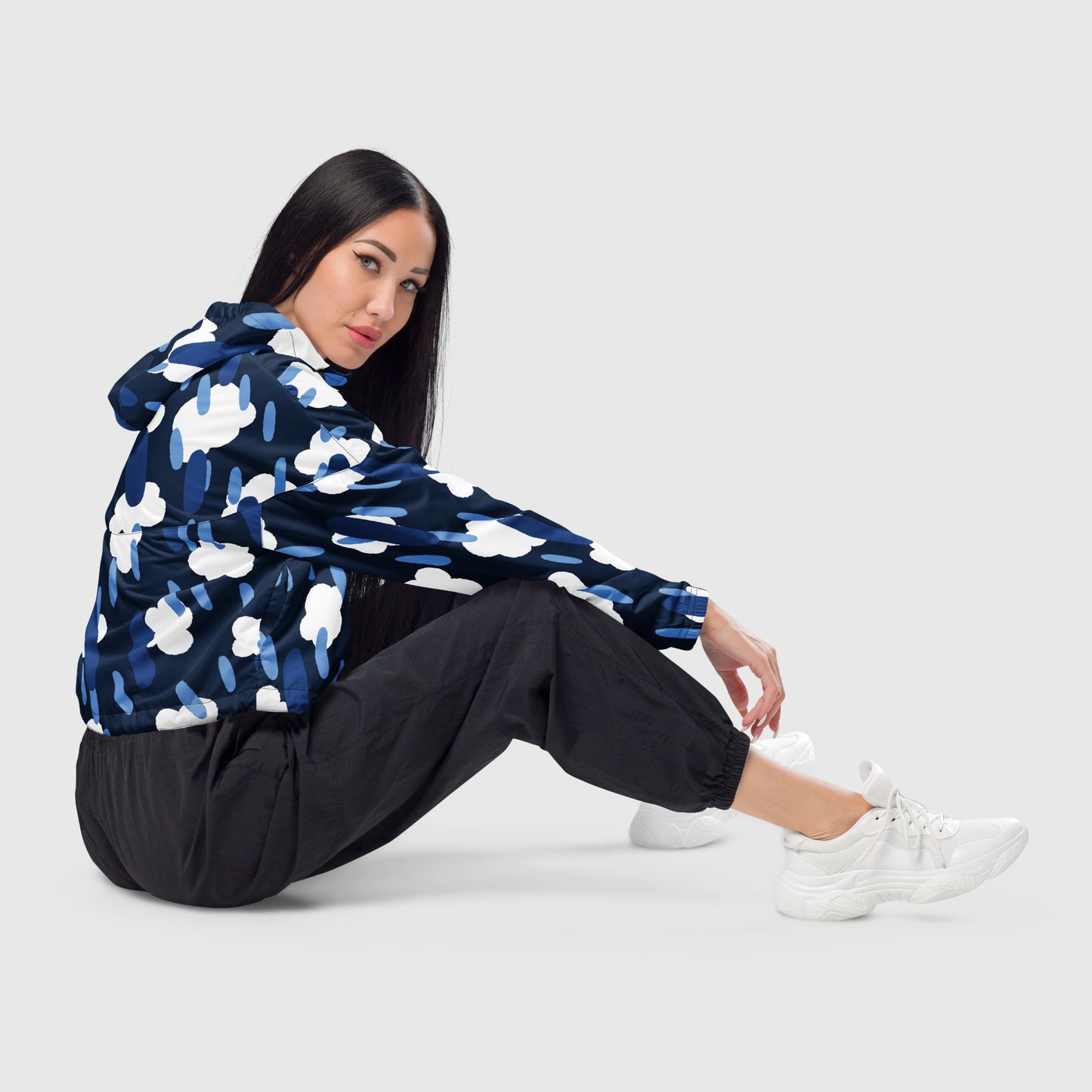 Women’s cropped windbreaker, White, navy blue and blue windbreaker, Mosaic pattern windbreaker, Windbreaker with packets, Black zip, Windbreaker with hoodie, Street dress - PratSN