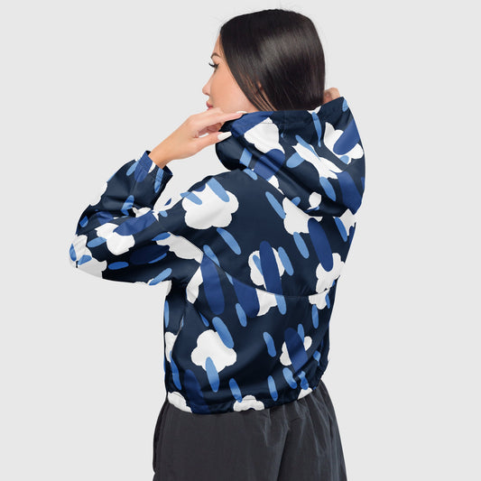 Women’s cropped windbreaker, White, navy blue and blue windbreaker, Mosaic pattern windbreaker, Windbreaker with packets, Black zip, Windbreaker with hoodie, Street dress - PratSN