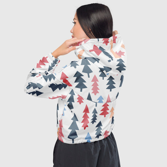 Women’s cropped windbreaker, White - Peach - Red - Blue windbreaker, Multi - color windbreaker, Geometric pattern windbreaker, Windbreaker with packets, Black zip, Windbreaker with hoodie, Street dress - PratSN