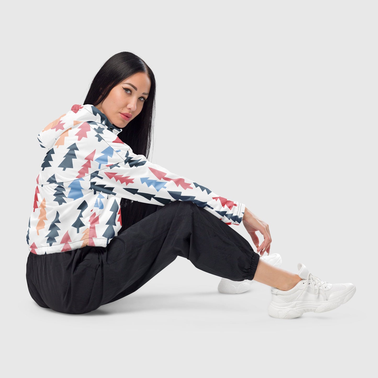 Women’s cropped windbreaker, White - Peach - Red - Blue windbreaker, Multi - color windbreaker, Geometric pattern windbreaker, Windbreaker with packets, Black zip, Windbreaker with hoodie, Street dress - PratSN