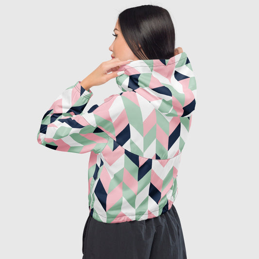 Women’s cropped windbreaker, White - Pink - Mint green - Navy blue windbreaker, Multi - color windbreaker, Geometric pattern windbreaker, Windbreaker with packets, Black zip, Windbreaker with hoodie, Street dress - PratSN