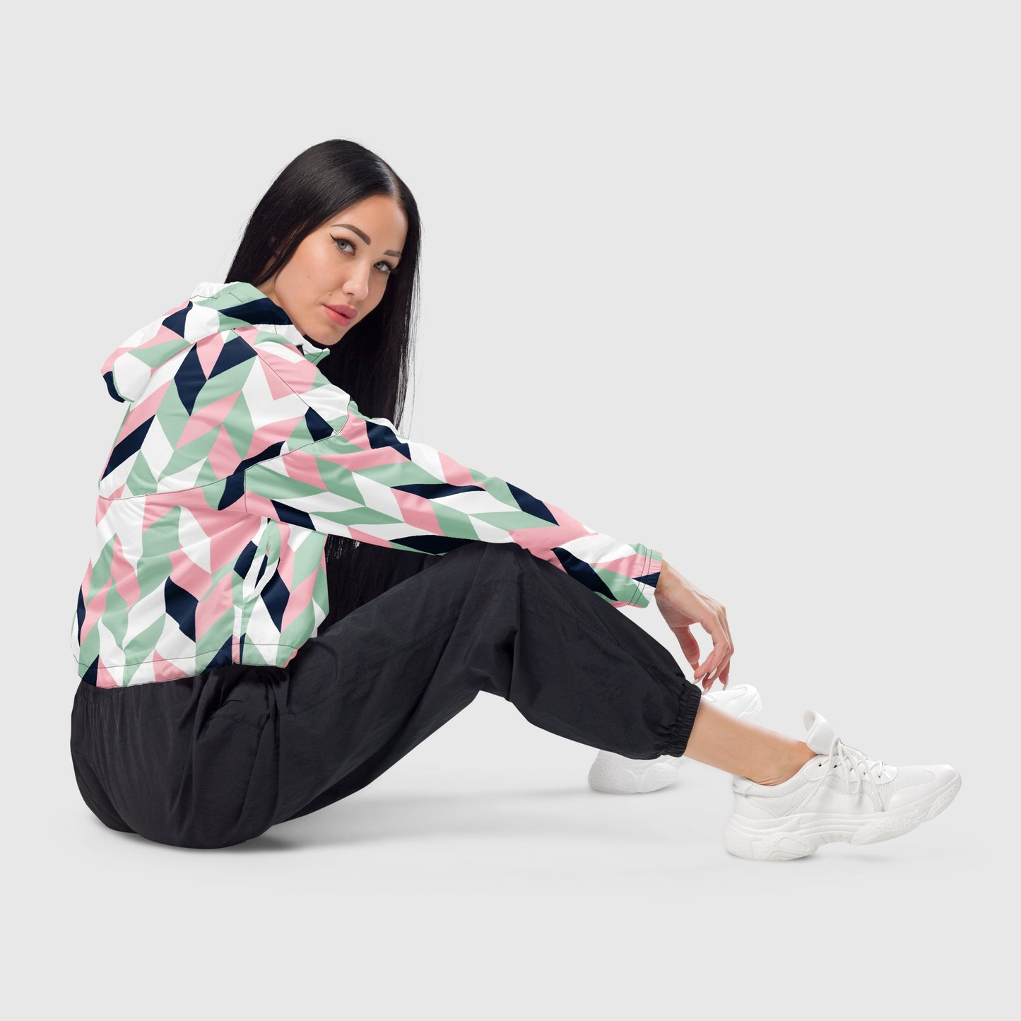 Women’s cropped windbreaker, White - Pink - Mint green - Navy blue windbreaker, Multi - color windbreaker, Geometric pattern windbreaker, Windbreaker with packets, Black zip, Windbreaker with hoodie, Street dress - PratSN