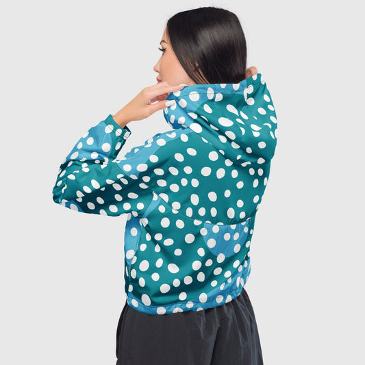 Women’s cropped windbreaker, White - Sky blue - light green windbreaker, Multi - color windbreaker, Polka dot windbreaker, Windbreaker with packets, Black zip, Windbreaker with hoodie, Street dress - PratSN