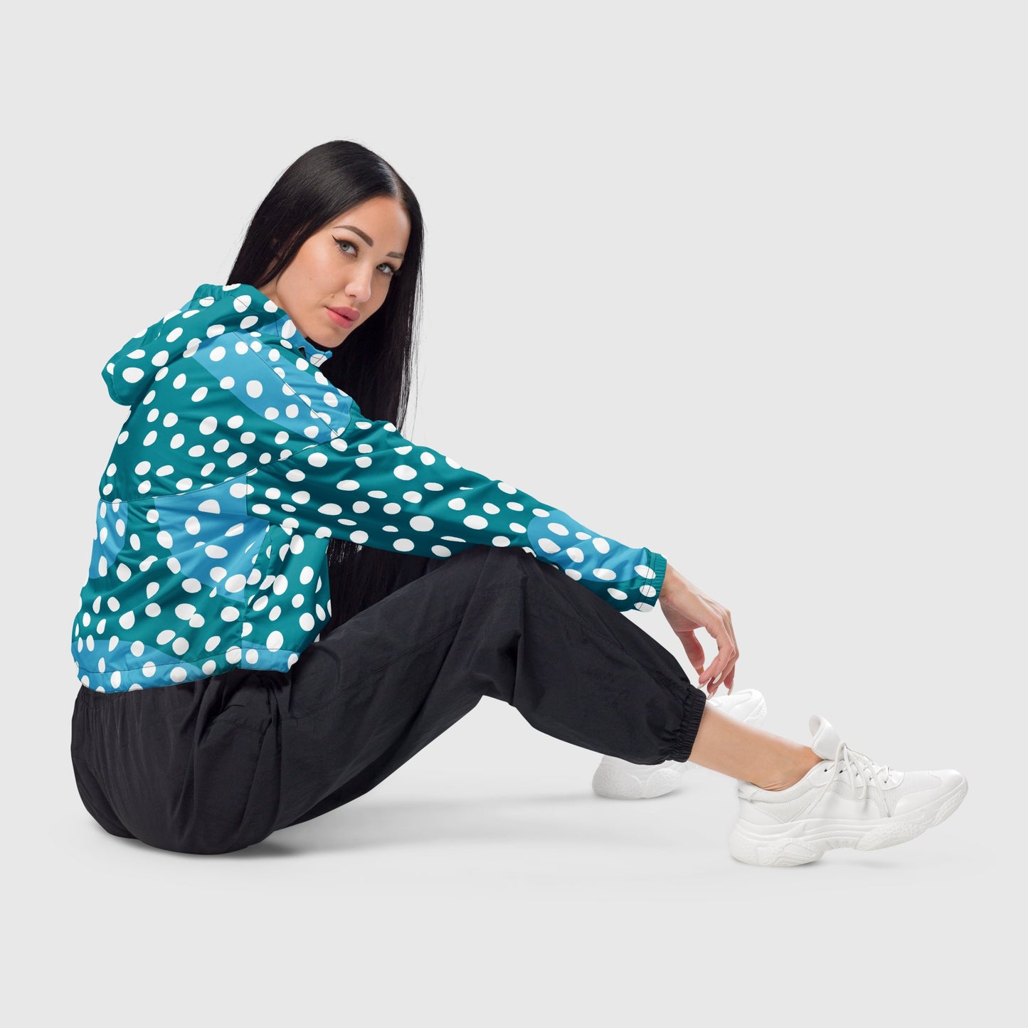 Women’s cropped windbreaker, White - Sky blue - light green windbreaker, Multi - color windbreaker, Polka dot windbreaker, Windbreaker with packets, Black zip, Windbreaker with hoodie, Street dress - PratSN