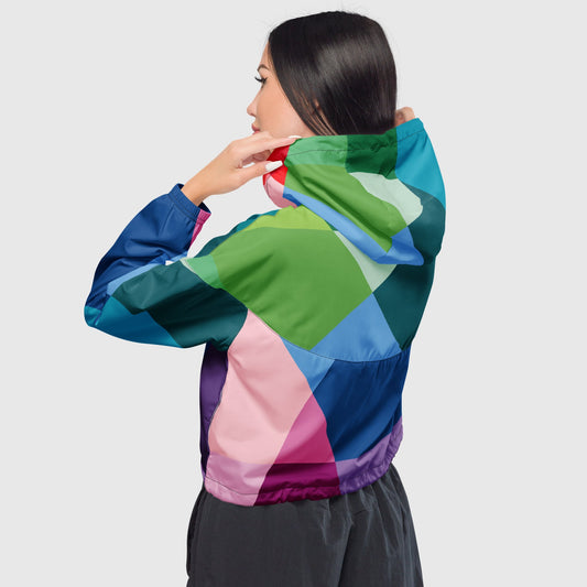 Women’s cropped windbreaker, White - Yellow - Blue - Pink windbreaker, Multi - color windbreaker, Geometric pattern windbreaker, Windbreaker with packets, Black zip, Windbreaker with hoodie, Street dress - PratSN