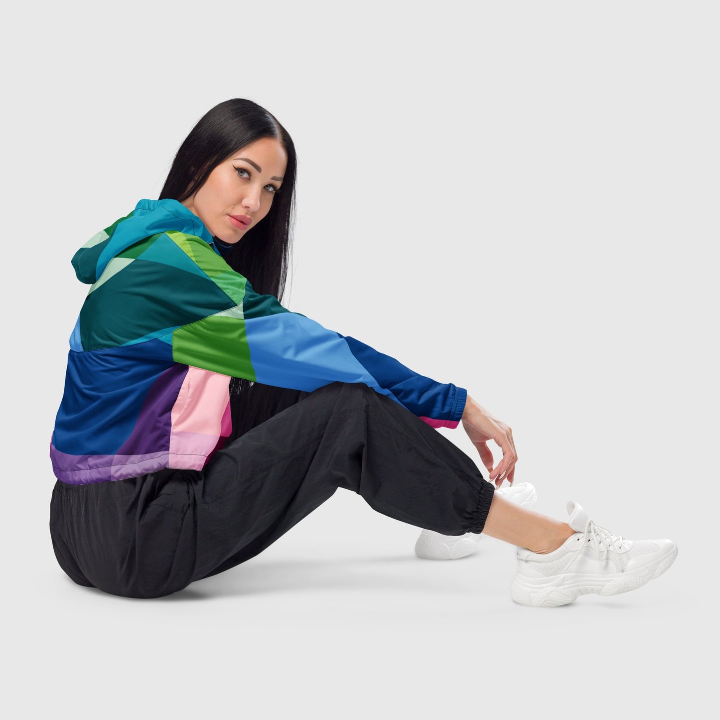 Women’s cropped windbreaker, White - Yellow - Blue - Pink windbreaker, Multi - color windbreaker, Geometric pattern windbreaker, Windbreaker with packets, Black zip, Windbreaker with hoodie, Street dress - PratSN