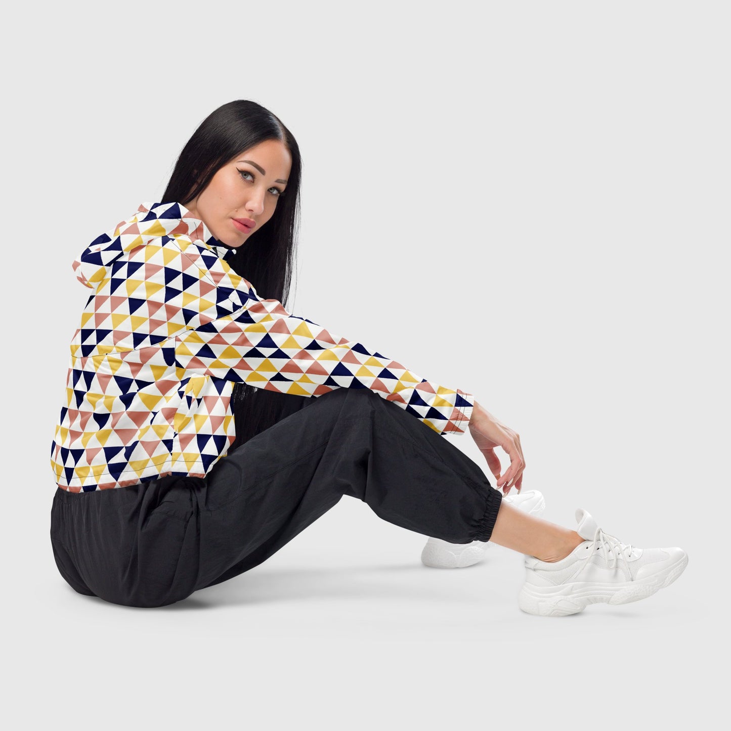 Women’s cropped windbreaker, White - Yellow - Blue - Pink windbreaker, Multi - color windbreaker, Geometric pattern windbreaker, Windbreaker with packets, Black zip, Windbreaker with hoodie, Street dress - PratSN