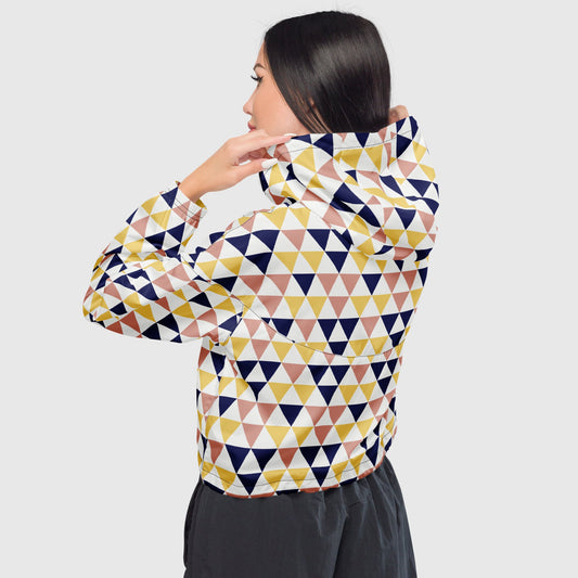 Women’s cropped windbreaker, White - Yellow - Blue - Pink windbreaker, Multi - color windbreaker, Geometric pattern windbreaker, Windbreaker with packets, Black zip, Windbreaker with hoodie, Street dress - PratSN
