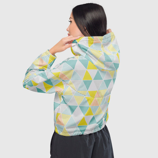 Women’s cropped windbreaker, White - yellow - green - pink color windbreaker, Multi - color windbreaker, Geometric pattern windbreaker, Windbreaker with packets, Black zip, Windbreaker with hoodie, Street dress - PratSN