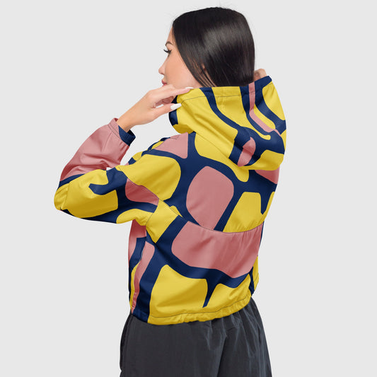 Women’s cropped windbreaker, Yellow - Blue - Pink windbreaker, Multi - color windbreaker, Windbreaker with packets, Black zip, Windbreaker with hoodie, Street dress - PratSN