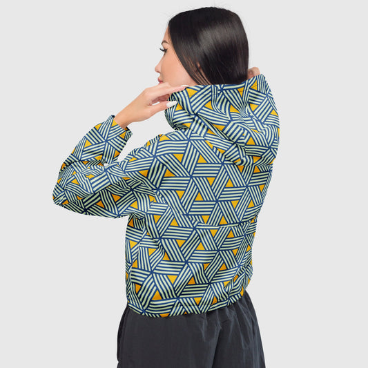 Women’s cropped windbreaker, Yellow - blue - white windbreaker, Geometric pattern windbreaker, Windbreaker with packets, Black zip, Windbreaker with hoodie, Street dress - PratSN