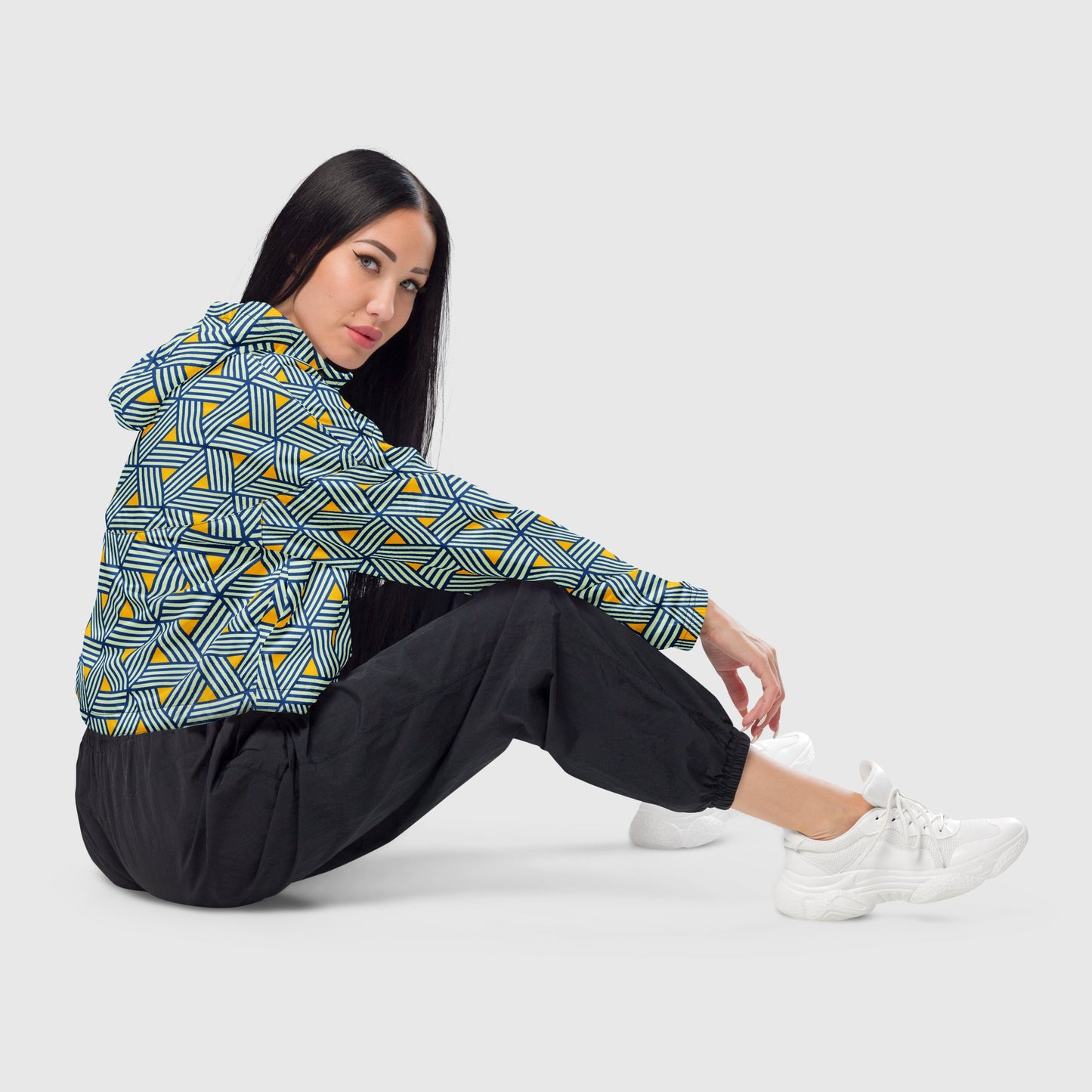 Women’s cropped windbreaker, Yellow - blue - white windbreaker, Geometric pattern windbreaker, Windbreaker with packets, Black zip, Windbreaker with hoodie, Street dress - PratSN