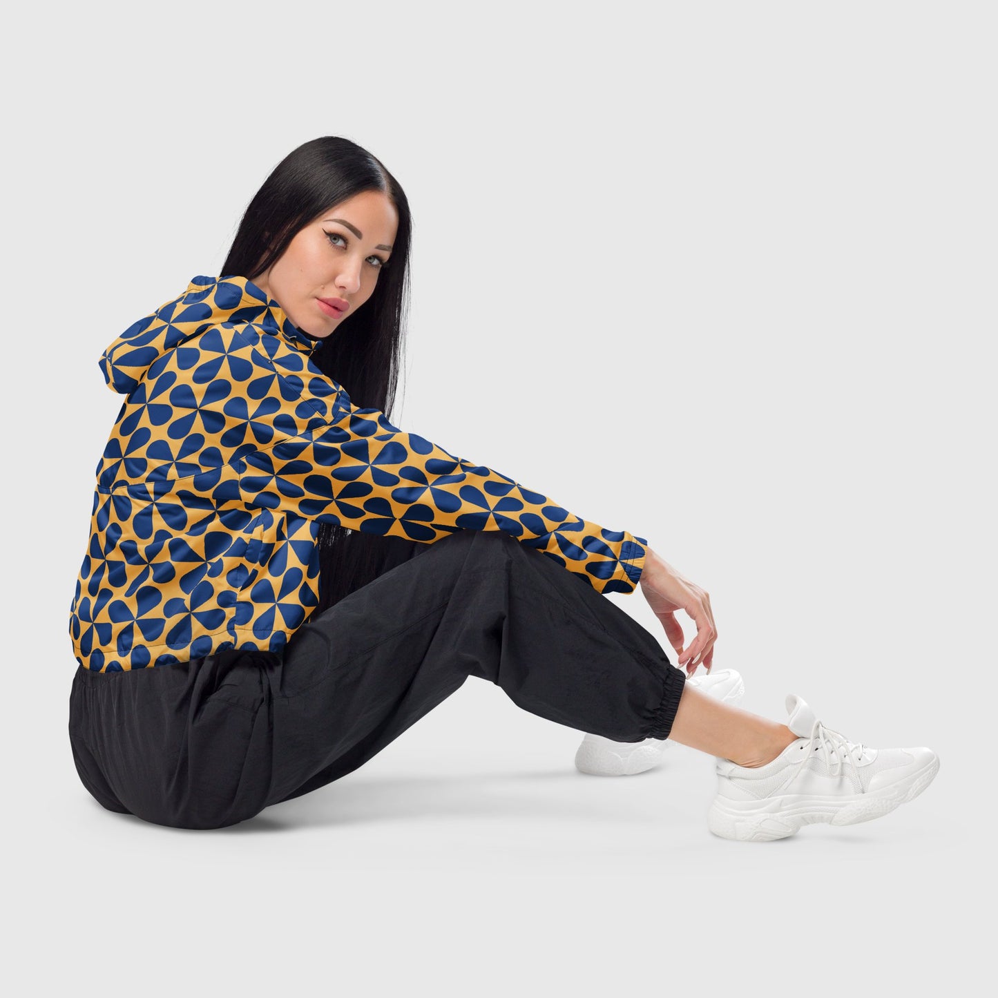 Women’s cropped windbreaker, Yellow - blue windbreaker, Geometric pattern windbreaker, Windbreaker with packets, Black zip, Windbreaker with hoodie, Street dress - PratSN