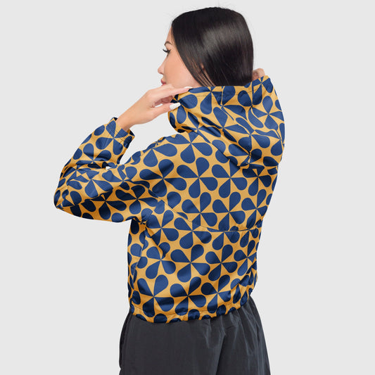 Women’s cropped windbreaker, Yellow - blue windbreaker, Geometric pattern windbreaker, Windbreaker with packets, Black zip, Windbreaker with hoodie, Street dress - PratSN