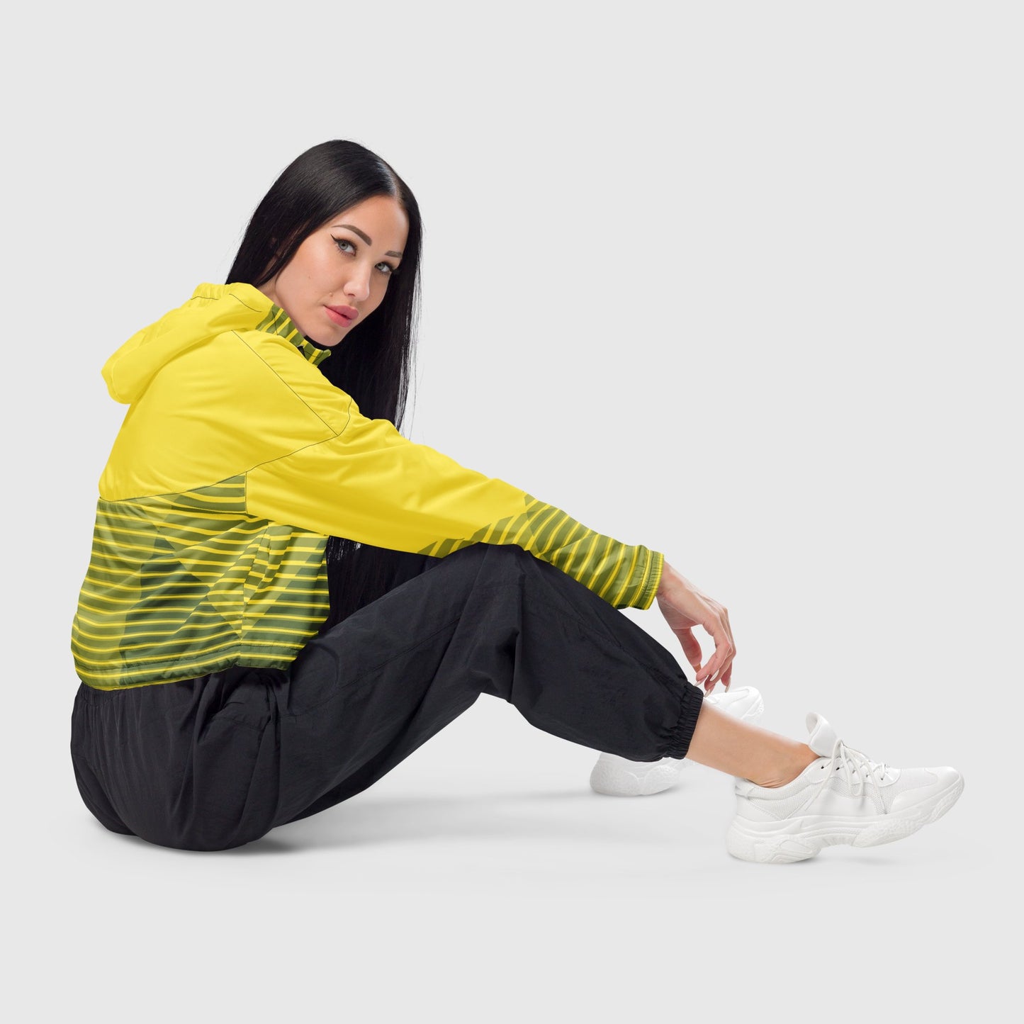 Women’s cropped windbreaker, Yellow color windbreaker, Stripped pattern windbreaker, Street dress - PratSN