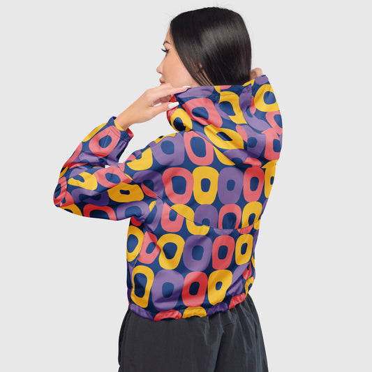 Women’s cropped windbreaker, Yellow - violet - pink - gray color windbreaker, Multi - color windbreaker, Geometric pattern windbreaker, Windbreaker with packets, Windbreaker with hoodie, Street dress - PratSN