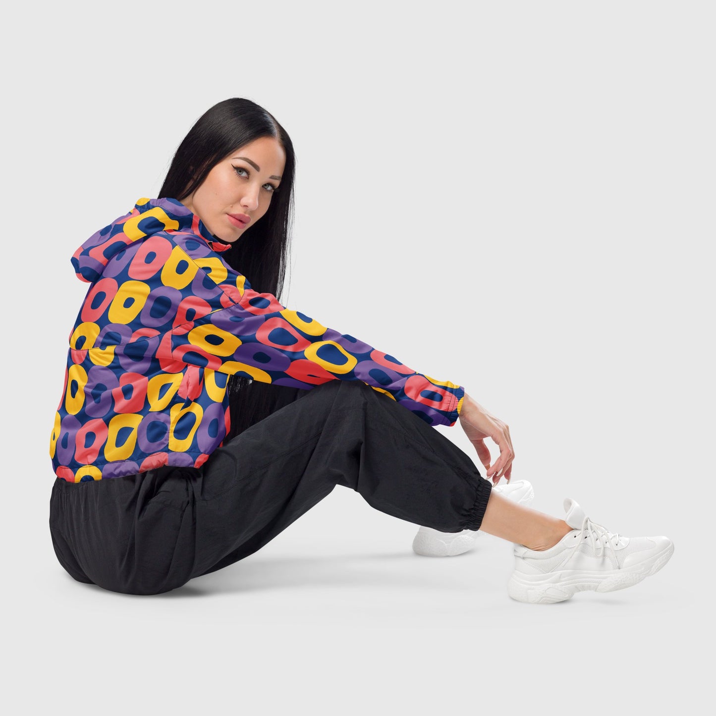 Women’s cropped windbreaker, Yellow - violet - pink - gray color windbreaker, Multi - color windbreaker, Geometric pattern windbreaker, Windbreaker with packets, Windbreaker with hoodie, Street dress - PratSN
