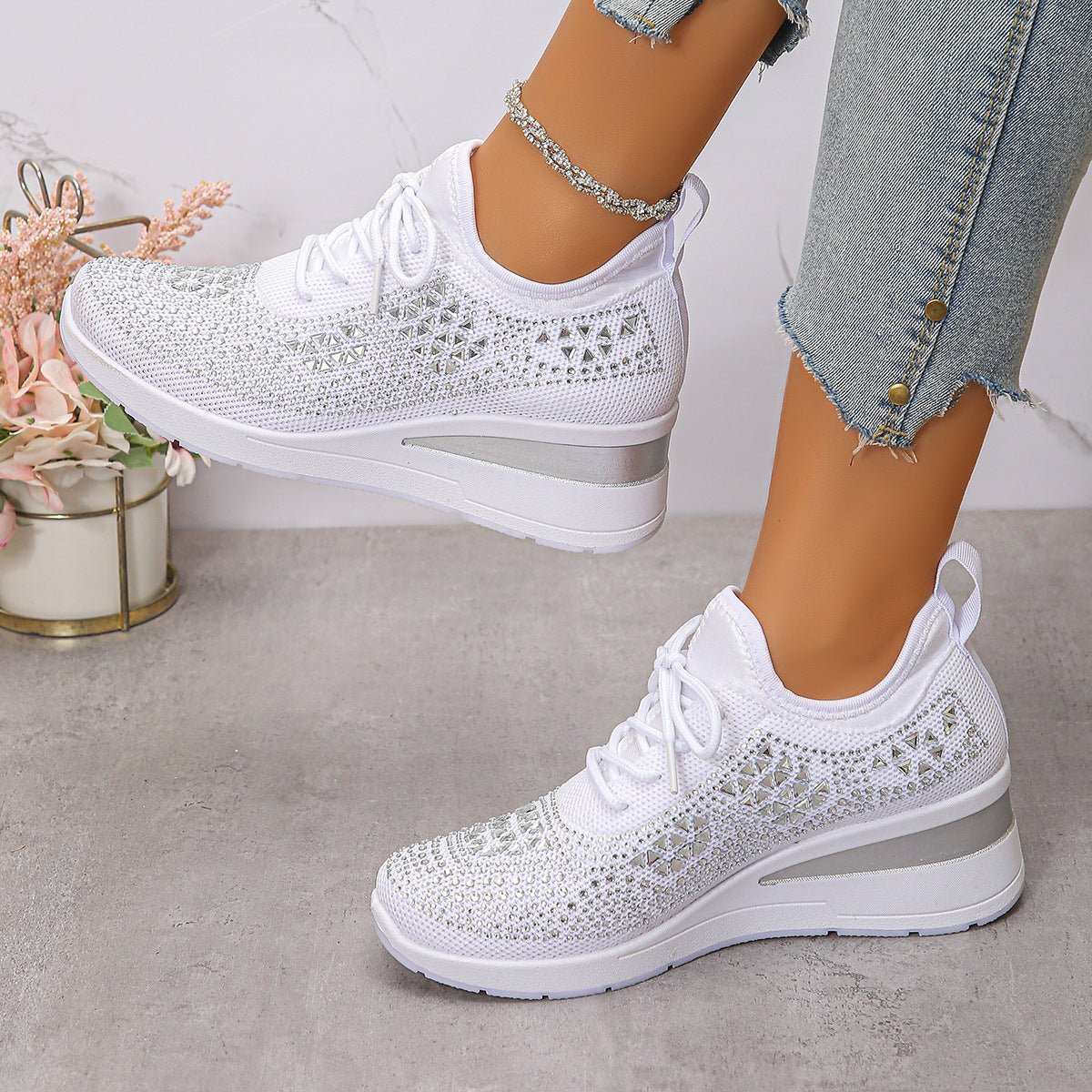 Women's Daily Commuting Sports Shoes Ins Rhinestone Sneakers Fashion Lace Up Wedges Casual Shoes - PratSN