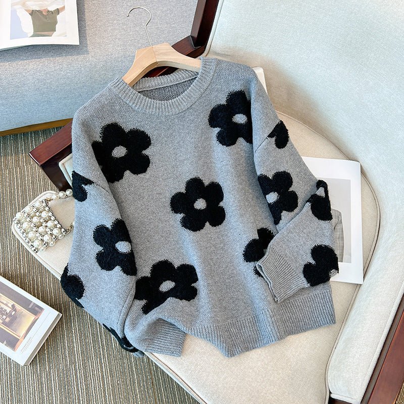 Women's Design Flower Loose Slimming Pullover Round Neck Sweater - PratSN