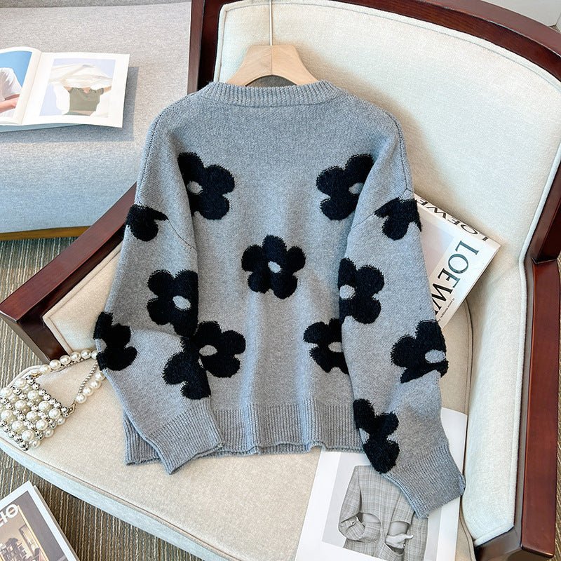Women's Design Flower Loose Slimming Pullover Round Neck Sweater - PratSN