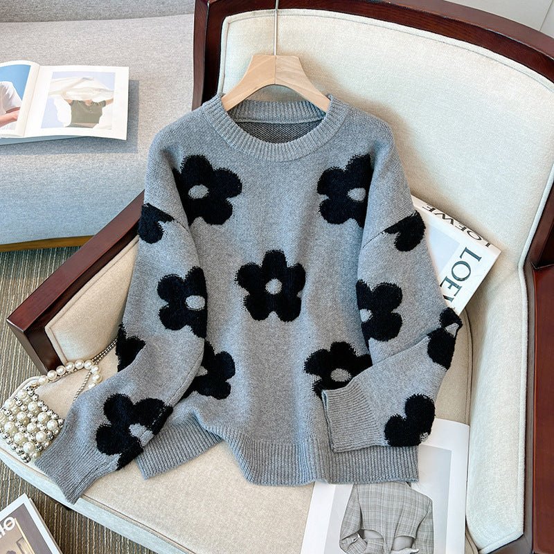 Women's Design Flower Loose Slimming Pullover Round Neck Sweater - PratSN