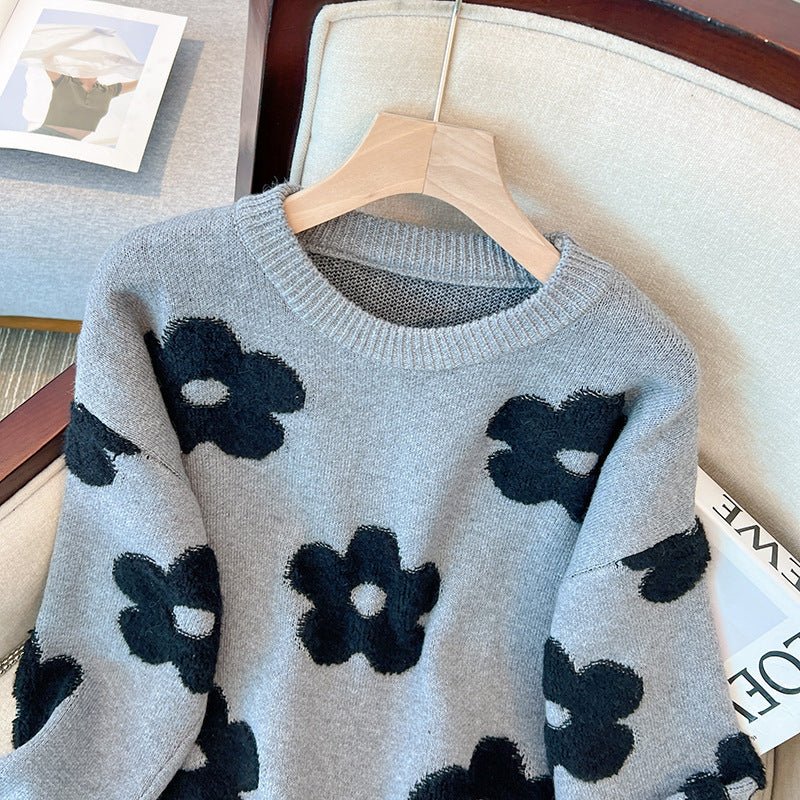 Women's Design Flower Loose Slimming Pullover Round Neck Sweater - PratSN