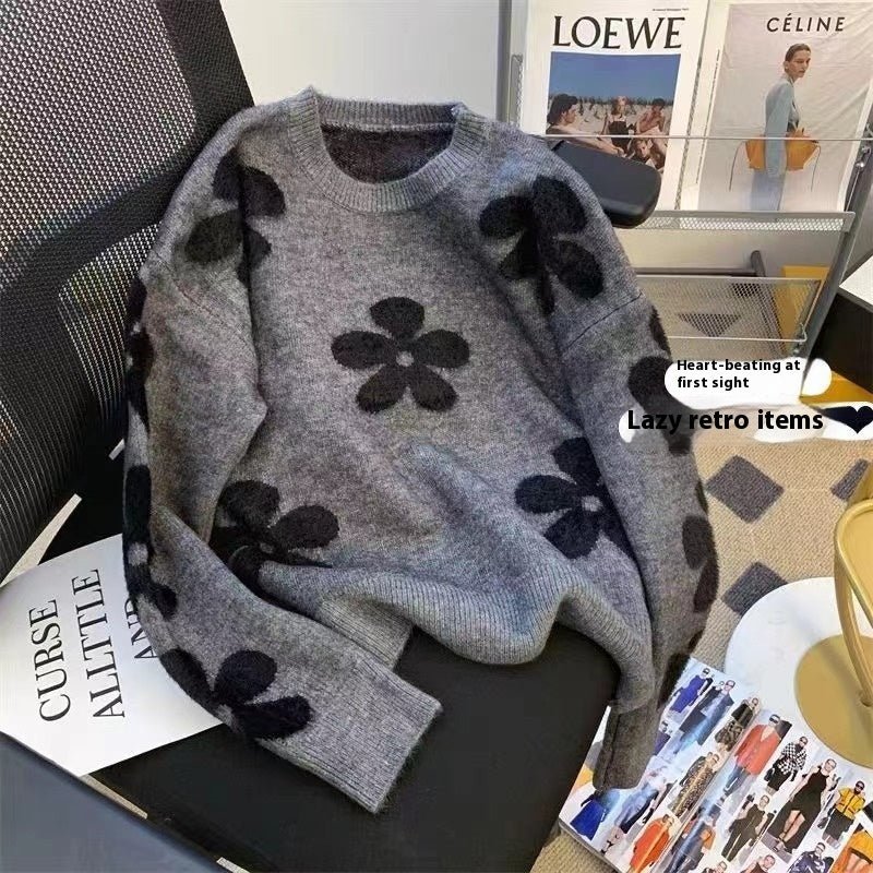 Women's Design Flower Loose Slimming Pullover Round Neck Sweater - PratSN